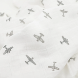 Organic Cotton Muslin Swaddle Blanket- Pewter Planes