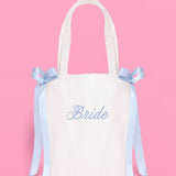 Tying the Knot Tote - embroidered canvas tote w. bows, bride accessory, blue bachelorette