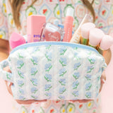 Quilted Cosmetic Pouch with Side Handle - Blue Belle Floral