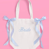 Tying the Knot Tote - embroidered canvas tote w. bows, bride accessory, blue bachelorette