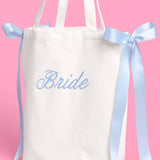 Tying the Knot Tote - embroidered canvas tote w. bows, bride accessory, blue bachelorette