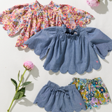 Girls Scallop Short- Blue Large Sketched Floral