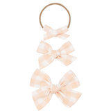 Peach Gingham  Headband Linen Bow