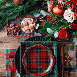 Red Christmas Plaid Round Scalloped Plate