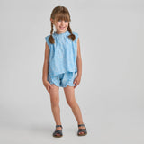 Girls Millie Ruffle Shorts- Blue Dewdrop Block Print
