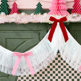 Bow Bliss Banner - layered fringe + velvet bows, white, pink