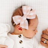Peach Gingham  Headband Linen Bow